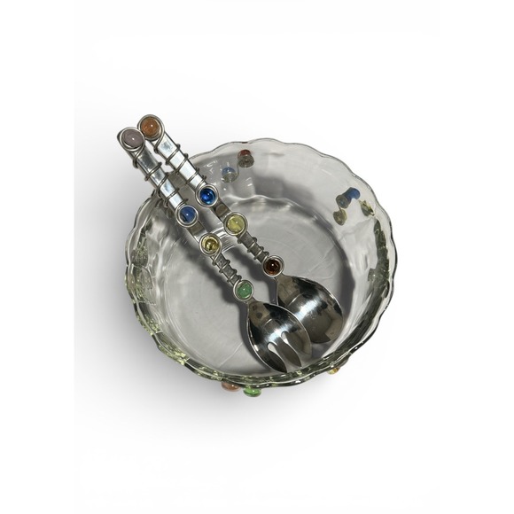 Polar Vintage Glass Salad Bowl Set w/ Colorful Dots & Metal Servers Korea 90s